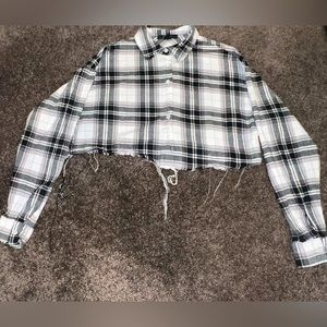 Black and White Distressed Cropped Flannel